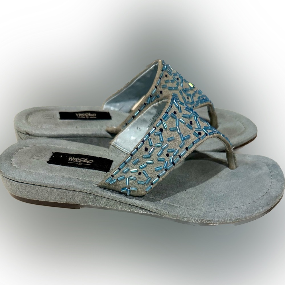 VTG BLUE BEADED SUEDE LEATHER MOSSIMO FLAT WEDGE PLATFORM SANDAL THONG SZ6 BRIDE